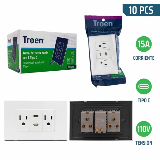 [8-264] TOMA DOBLE C/TIERRA C/PUERTO TIPO C BLANCO TROEN 8-264