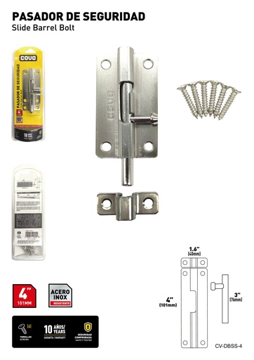 [8-288] PASADOR DE SEGURIDAD ACERO INOX 4" COVO 8-288