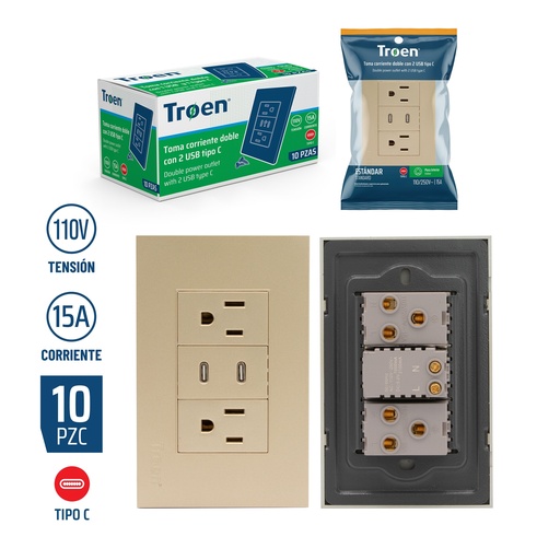 [8-373] TOMA DOBLE C/TIERRA C/PUERTO TIPO C GOLD TROEN 8-373