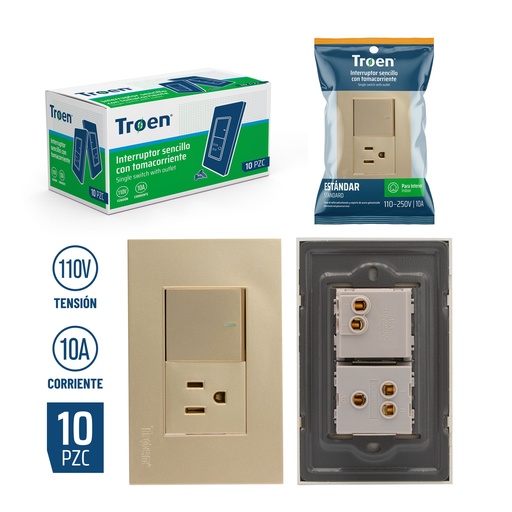 [8-382] INTERRUPTOR SENCILLO + TOMA GOLD TROEN 8-382