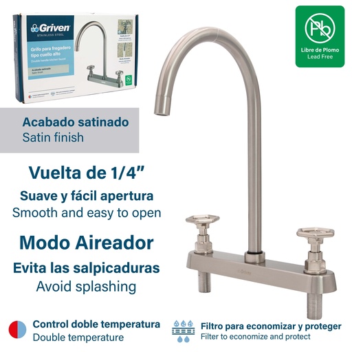 [8-486] LLAVE FREGADERO DOBLE 8" ACERO INOX GRIVEN 8-486
