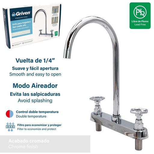 [8-487] LLAVE FREGADERO DOBLE 8" ACERO INOX GRIVEN 8-487
