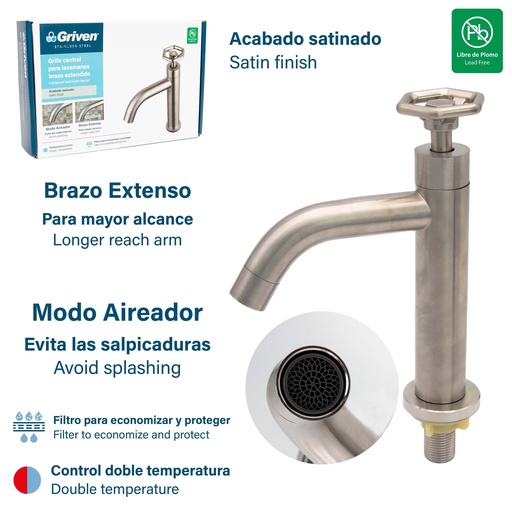 [8-498] LLAVE LAVAMANO INDIV ACERO INOX GRIVEN 8-498