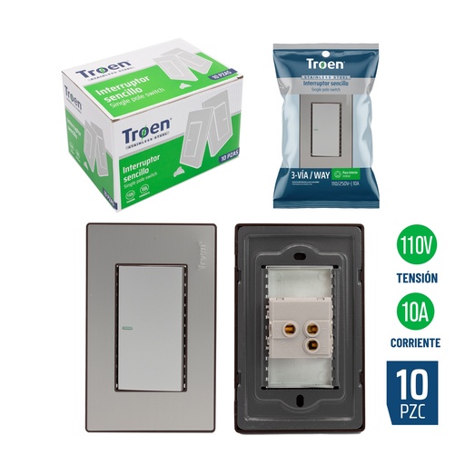[8-507] INTERRUPTOR SENCILLO 3 WAY ACERO INOX TROEN 8-507