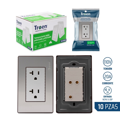 [8-512] TOMA DOBLE C/TIERRA ACERO INOX 20A TROEN 8-512