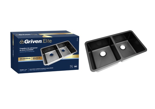 [8-686] FREGADERO NEGRO ACERO INOX DOBLE 80X45CM GRIVEN ELITE 8-686