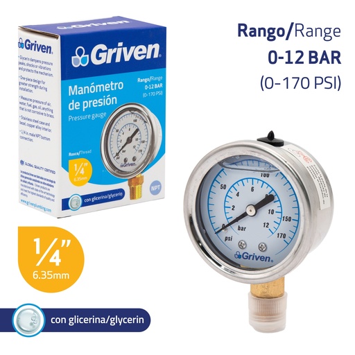 [8-767] MANOMETRO 0-12 BAR 1/4" GRIVEN 8-767