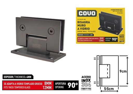 [8-822] BISAGRA P/CUERPO FIJO DE VIDRIO NEGRA COVO 8-822