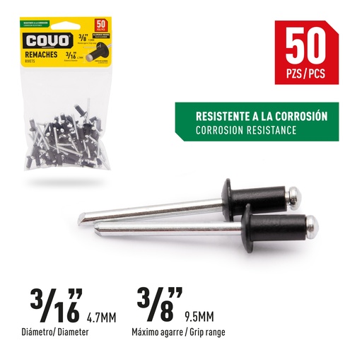 [8-850] REMACHES 3/16 X 3/8" x 50 UNID NEGRO COVO 8-850