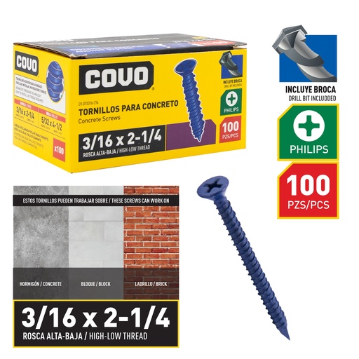 [8-860] TORNILLO P/CONCRETO 3/16" x 2 1/4" x 100 UNID COVO 8-860