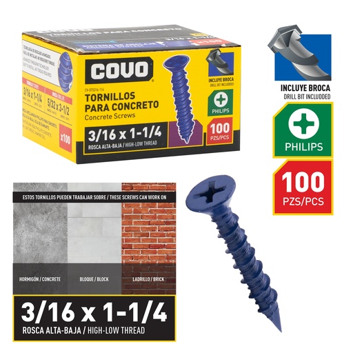 [8-862] TORNILLO P/CONCRETO 3/16" x 1 1/4" x 100 UNID COVO 8-862