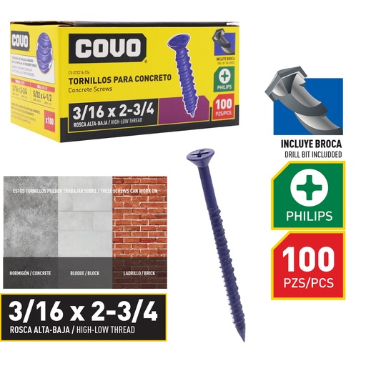 [8-863] TORNILLO P/CONCRETO 3/16" x 2 3/4" x 100 UNID COVO 8-863