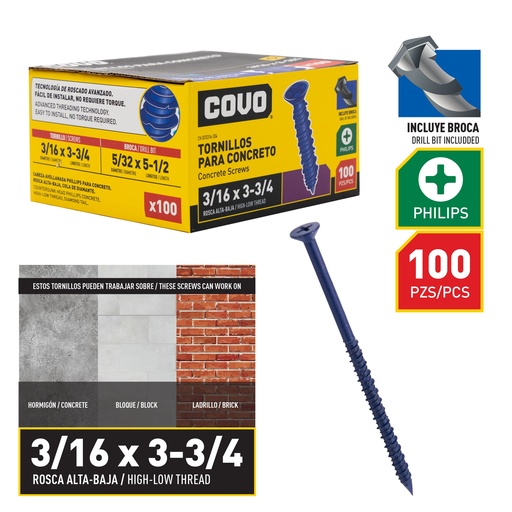 [8-864] TORNILLO P/CONCRETO 3/16" x 3 3/4" x 100 UNID COVO 8-864