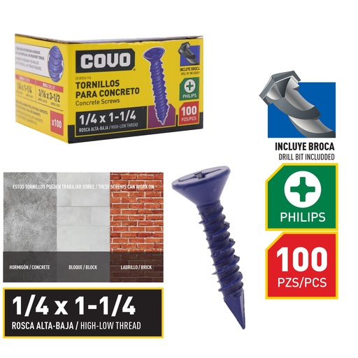 [8-867] TORNILLO P/CONCRETO 1/4" x 1 1/4" x 100 UNID COVO 8-867