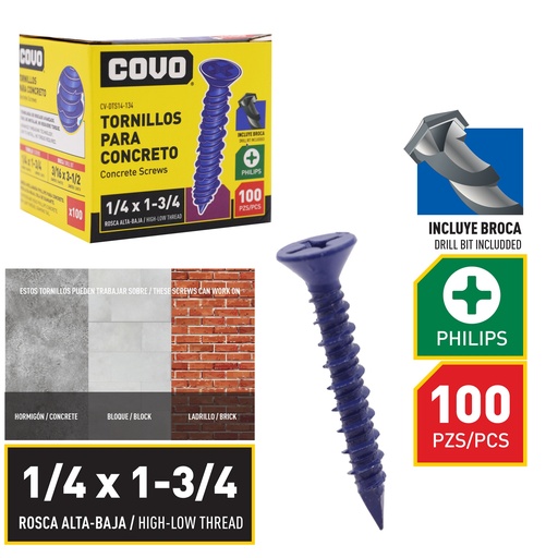[8-868] TORNILLO P/CONCRETO 1/4" x 1 3/4" x 100 UNID COVO 8-868