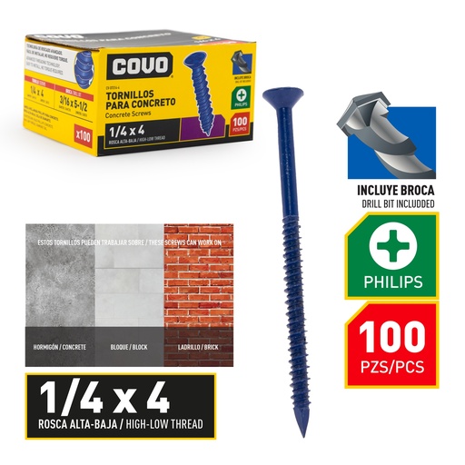 [8-873] TORNILLO P/CONCRETO 1/4" x 4" x 100 UNID COVO 8-873