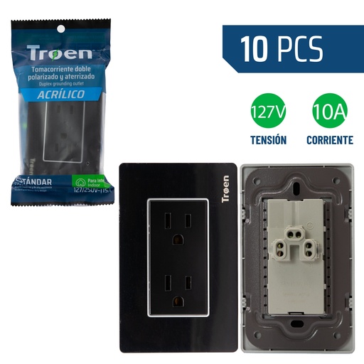 [8-901] TOMA DOBLE C/TIERRA ACRILICO NEGRO TROEN 8-901