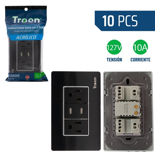 [8-930] TOMA DOBLE C/TIERRA C/PUERTO TIPO C ACRILICO NEGRO TROEN 8-930