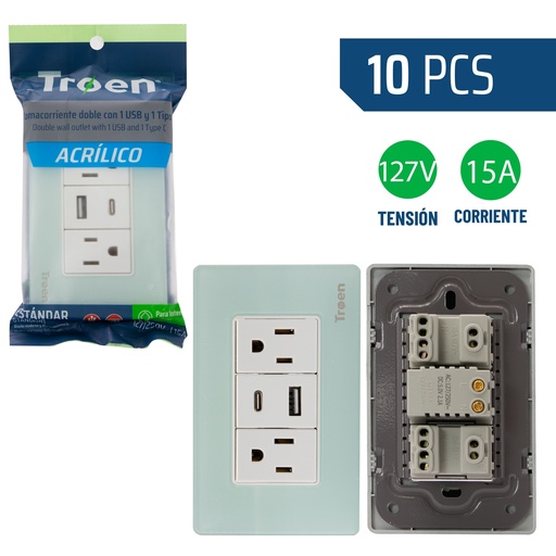 [8-940] TOMA DOB C/TIER C/PORT USB + TIPO C ACRILICO NATU TROEN 8-940