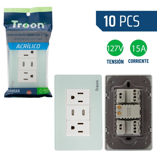 [8-941] TOMA DOBLE C/TIERRA C/PUERTO TIPO C ACRILICO NATURAL TROEN 8-941