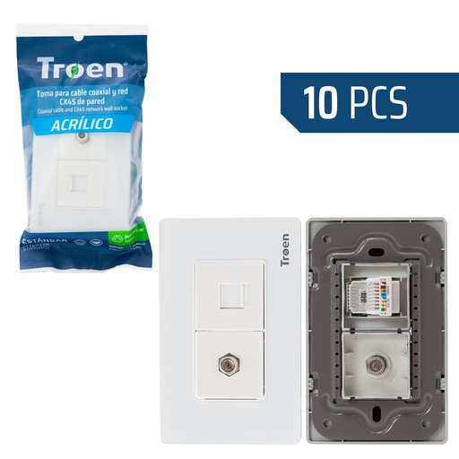 [8-954] TOMA P/CABLE COAXIAL / RJ45 ACRILICO BLANCO TROEN 8-954