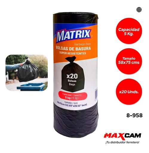 [8-958] BOLSA DE BASURA 58x75CM 5KG x 20 UNID MATRIX 8-958