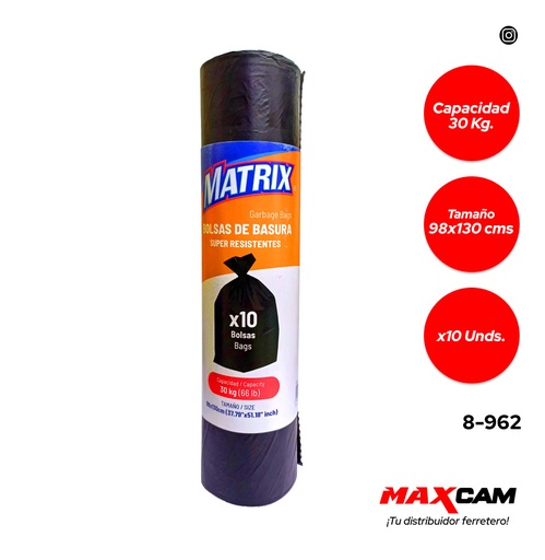 [8-962] BOLSA DE BASURA 96x130CM 30KG x 10 UNID MATRIX 8-962