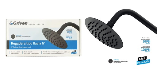 [9-018] REGADERA REDONDA 6" GRIVEN BLACK 9-018