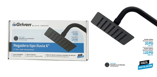 [9-029] REGADERA CUADRADA 6" GRIVEN BLACK 9-029