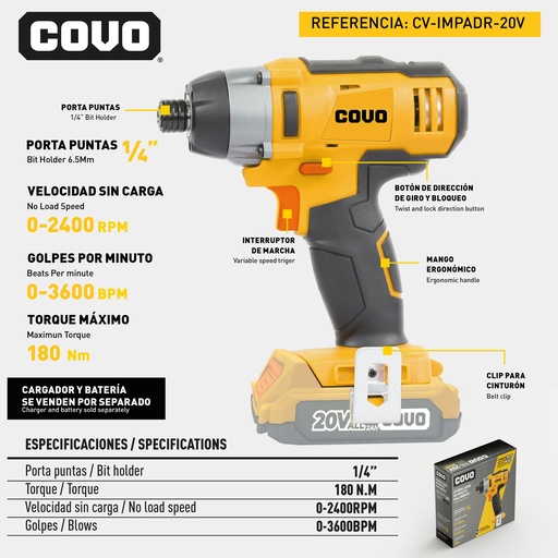 [9-040] ATORNILLADOR DE IMPACTO INALAMBRICO 20V COVO 9-040