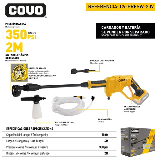 [9-043] HIDROJET INALAMBRICO 20V 350PSI COVO 9-043