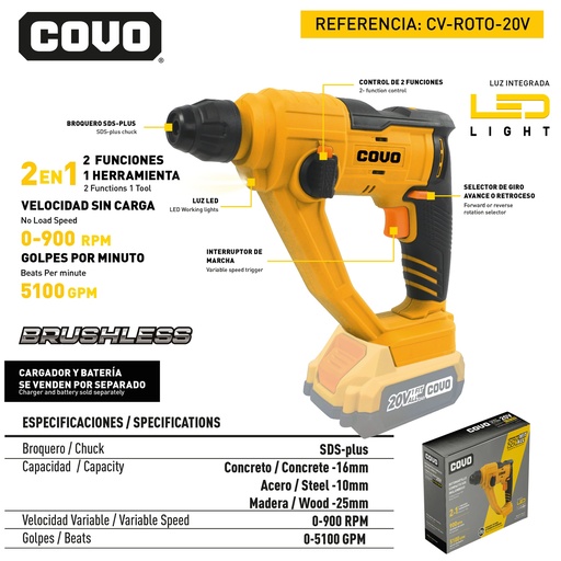 [9-044] ROTOMARTILLO INALAMBRICO SDS 20V COVO 9-044
