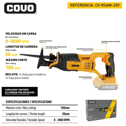 [9-045] SIERRA SABLE RECIPROCA INALAMBRICO 20V COVO 9-045
