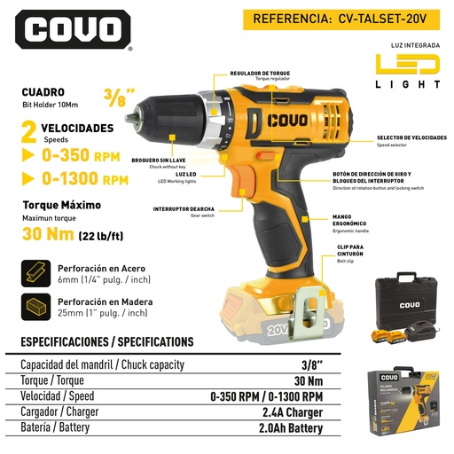 [9-051] TALADRO INALAMBRICO 3/8 20V C/BAT+CARG COVO 9-051