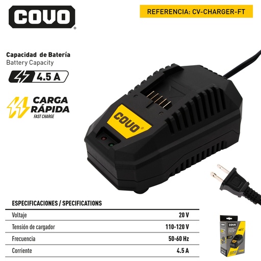 [9-054] CARGADOR RAPIDO INDIVIDUAL 4.5 AMP 20V COVO 9-054