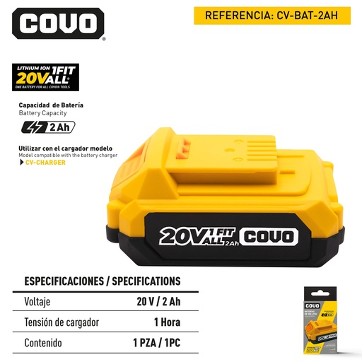 [9-058] BATERIA o PILA 20V 2 AMP COVO 9-058