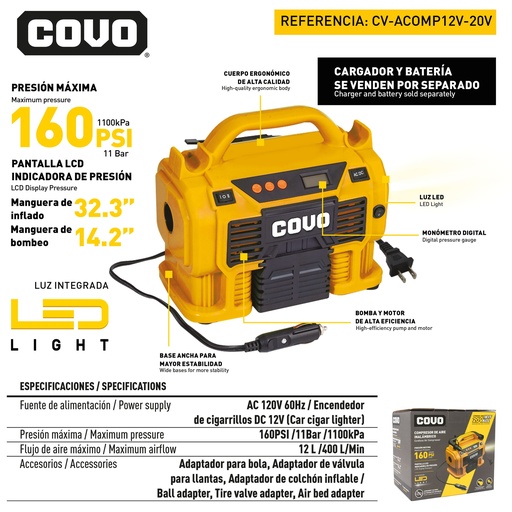 [9-062] COMPRESOR DE AIRE INALAMBRICO 160PSI 20V COVO 9-062