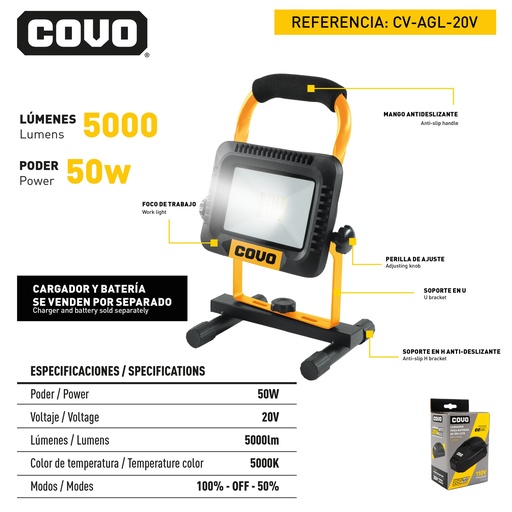 [9-063] REFLECTOR LED INALAMBRICO 50W 20V COVO 9-063