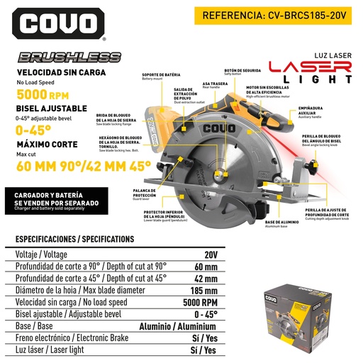 [9-066] SIERRA CIRCULAR INALAMBRICO 20V BRUSHLESS COVO 9-066