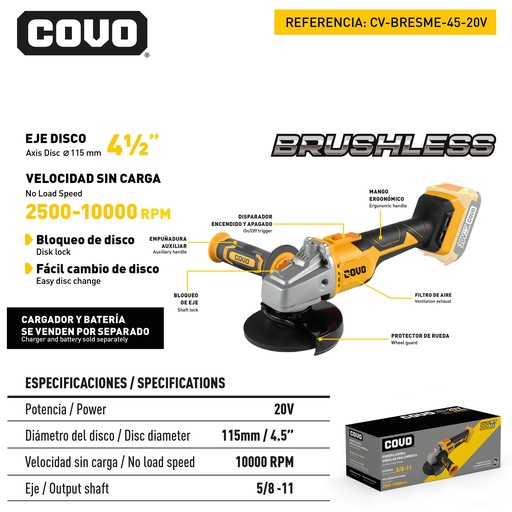 [9-067] ESMERIL INALAMBRICO 4 1/2 20V BRUSHLESS COVO 9-067