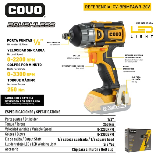 [9-071] LLAVE DE IMPACTO INALAMBRICO 20V BRUSHLESS COVO 9-071