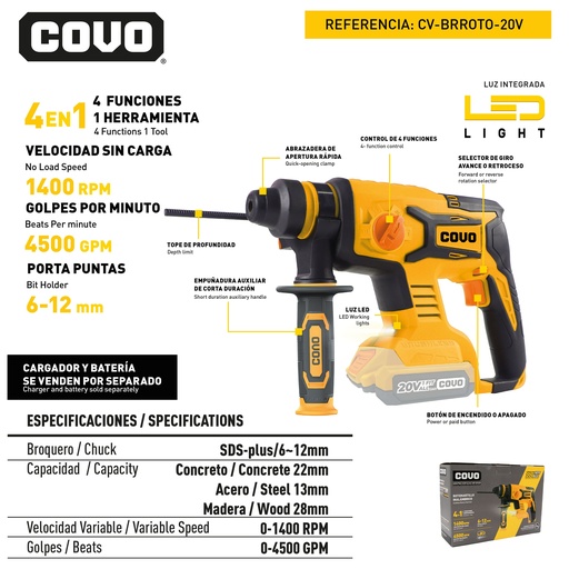 [9-072] ROTOMARTILLO INALAMBRICO SDS 20V BRUSHLESS COVO 9-072