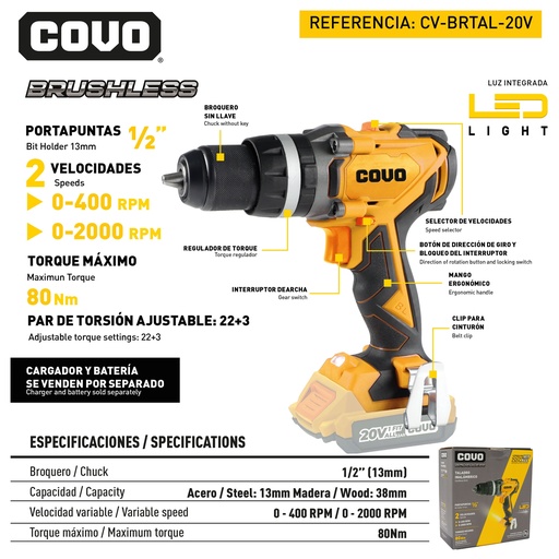 [9-074] TALADRO INALAMBRICO 1/2 20V BRUSHLESS COVO 9-074