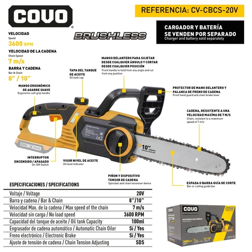 [9-075] MOTOSIERRA INALAMBRICO 20V BRUSHLESS COVO 9-075