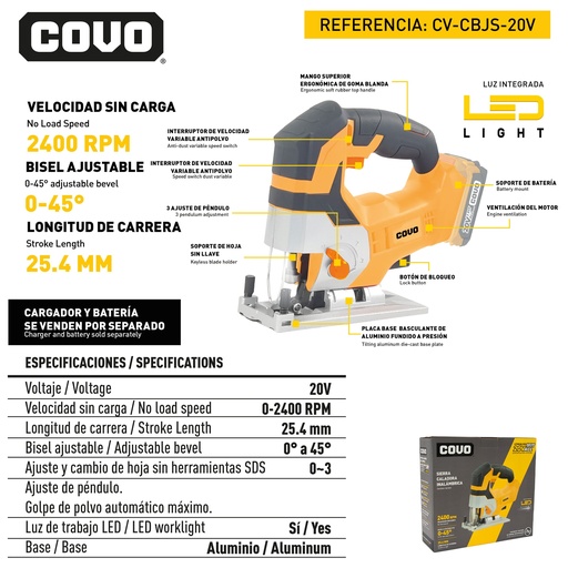 [9-076] SIERRA CALADORA INALAMBRICO 20V COVO 9-076