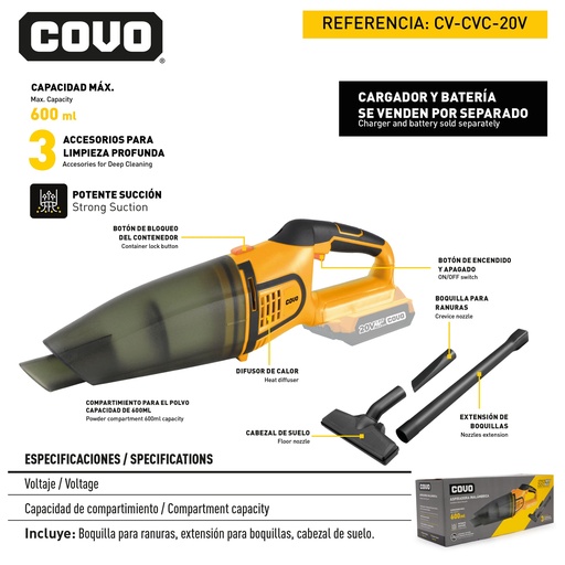 [9-077] ASPIRADORA INALAMBRICO 20V COVO 9-077