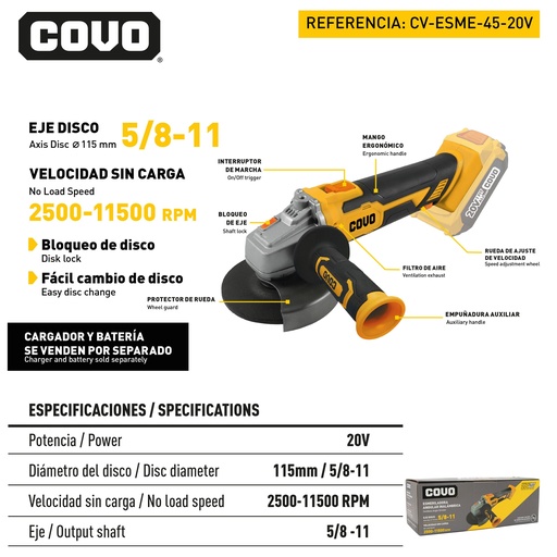 [9-078] ESMERIL INALAMBRICO 4 1/2 20V COVO 9-078