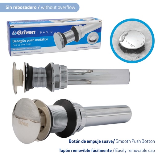 [7-026] DESAGUE LAV PLAST/CRO PUSH SIN REBOS GRIVEN BASIC 7-026