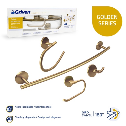 [7-056] ACCESORIO DE BAÑO 4 PZA METALICO GRIVEN GOLD 7-056