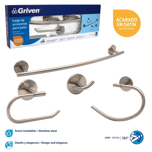 [7-107] ACCESORIO DE BAÑO 4 PIEZAS METALICO GRIVEN 7-107